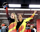 <p>Germany’s Mariama Jamanka and Lisa Buckwitz celebrate after their gold medal winning run during the Women’s Bobsled Final at the 2018 Winter Olympics in PyeongChang, South Korea, Wednesday, Feb. 21, 2018.<br>(AP Photo/Wong Maye-E) </p>