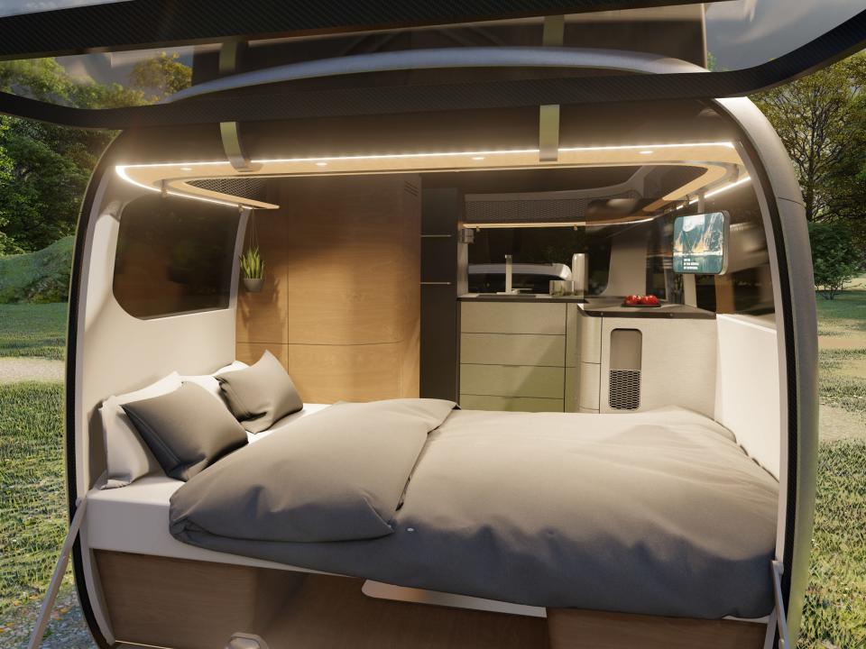 A rendering of the interior of the Airstream Studio F. A. Porsche Concept Travel Trailer.