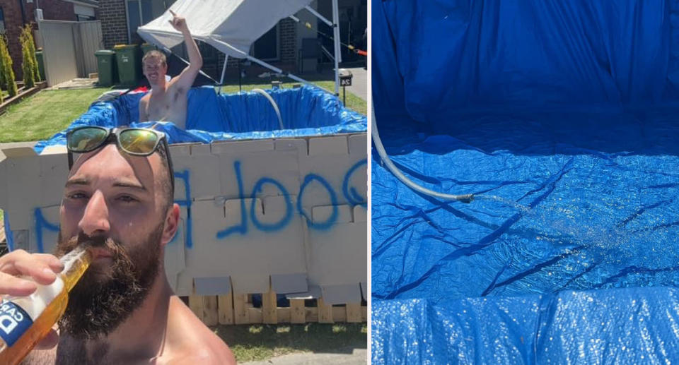 Two Melbourne men in front yard enjoying the pool they made with pallets and a blue tarp. 