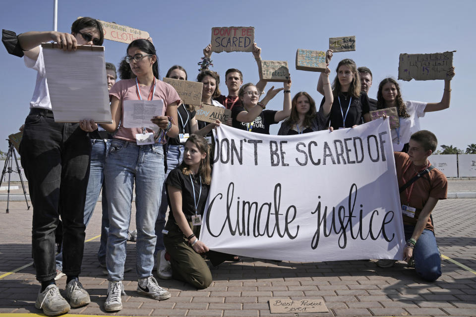 Climate activists participate in a demonstration at the designated protest zone for the COP27 U.N. Climate Summit, Tuesday, Nov. 15, 2022, in Sharm el-Sheikh, Egypt. (AP Photo/Nariman El-Mofty)