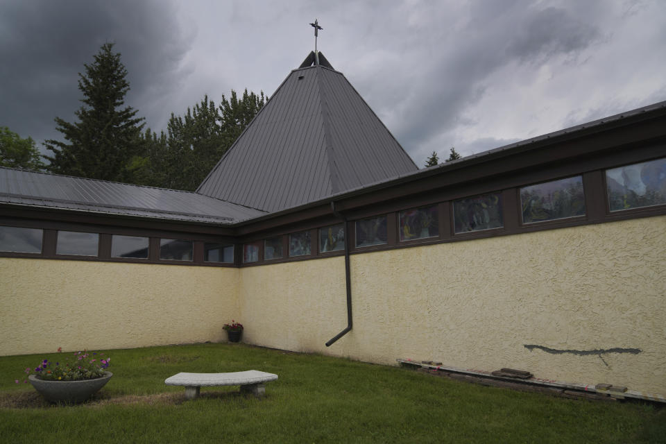 Our Lady of Seven Sorrows Catholic Church remains on the former Ermineskin residential school property in Maskwacis, Alberta, on Tuesday, July 19, 2022. Pope Francis will visit the former residential school site where he's scheduled to make a sweeping apology for the abuses at a system designed to sever Native children from their tribal, family and religious bonds. (AP Photo/Jessie Wardarski)