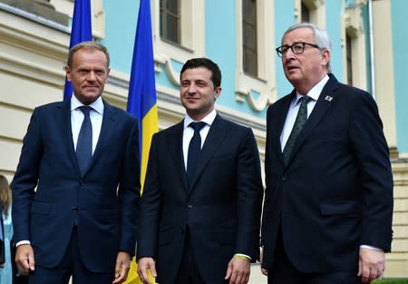 Ukraine's President Volodymyr Zelenskiy meets with European Council President Donald Tusk and European Commission President Jean-Claude Juncker in Kiev