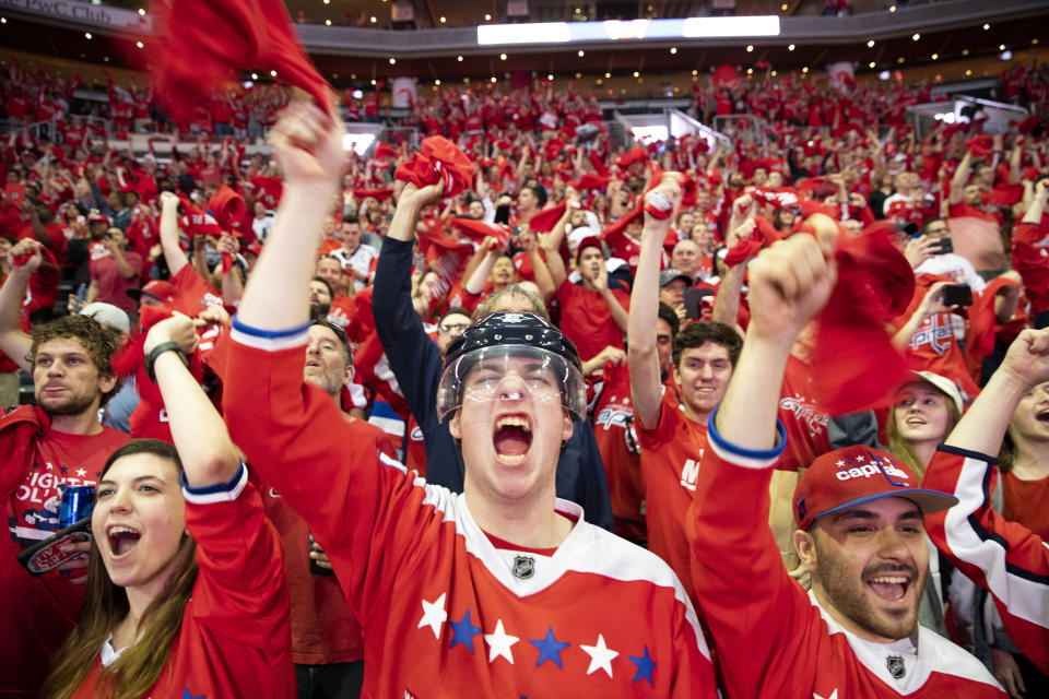 Capitals fans cheer on their team during the 2018 Stanley Cup Final. (Alex Edelman/Getty Images)