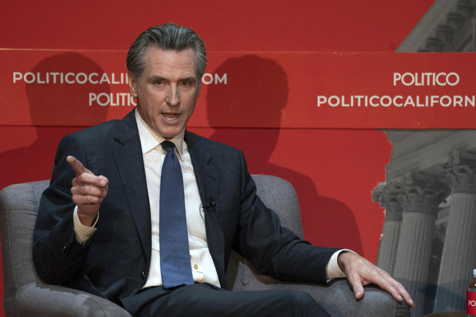 California Gov. Gavin Newsom speaks during an interview with Politico in Sacramento, Calif., Tuesday, Sept. 12, 2023. Newsom said the state will intervene in an ongoing federal court case that has barred San Francisco from cleaning up homeless encampments. (AP Photo/Rich Pedroncelli)