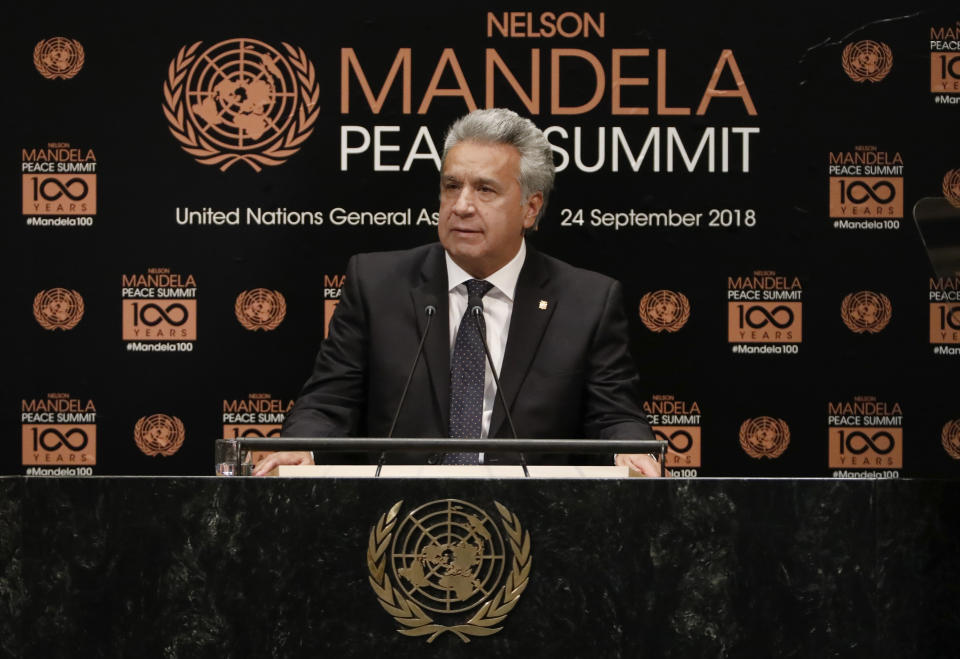 Ecuador's President Lenin Moreno addresses the Nelson Mandela Peace Summit in the United Nations General Assembly, at U.N. headquarters, Monday, Sept. 24, 2018. (AP Photo/Richard Drew)