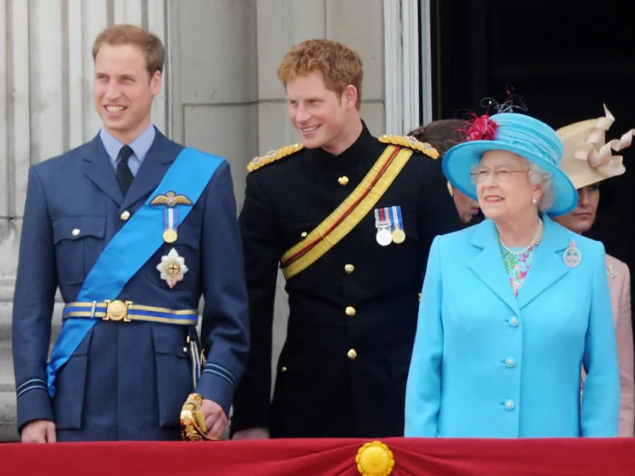 Queen Elizabeth II with Prince William and Prince Harry in 2008.