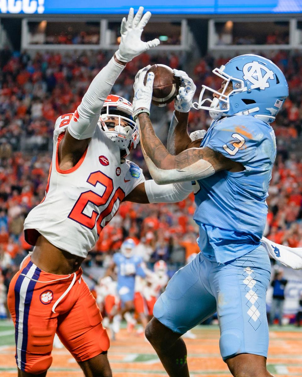 Clemson cornerback Nate Wiggins breaks up a pass intended for North Carolina wide receiver Antoine Green in the end zone in the first half during the Atlantic Coast Conference championship game on Dec. 3, 2022, in Charlotte, N.C.