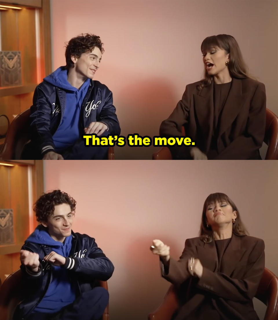 Timmy says "That's the move" and in unison he and Zendaya stick their arms out into a fighting stance.