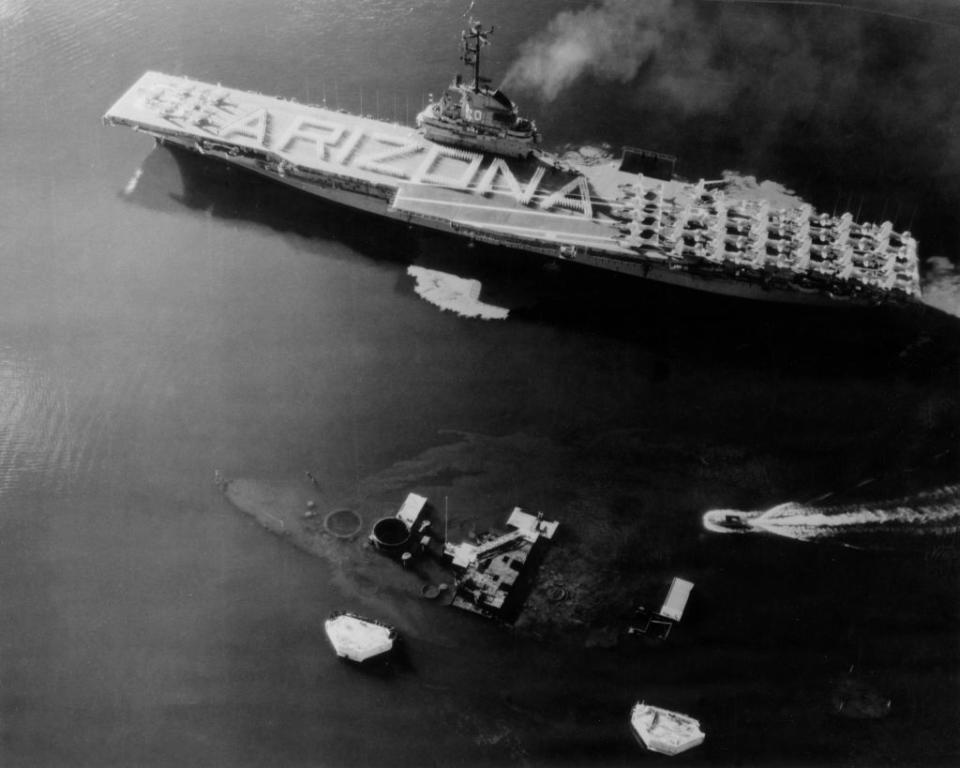 Aerial view of the sunken USS Arizona battleship at Pearl Harbor