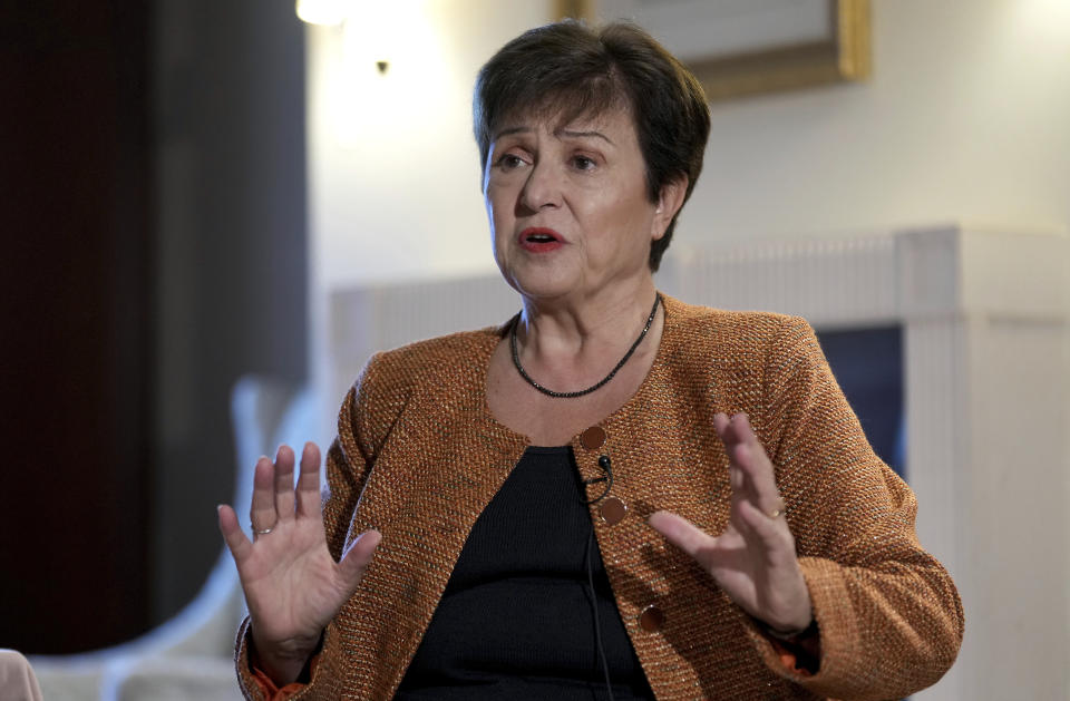 Kristalina Georgieva, Managing Director of the International Monetary Fund (IMF), speaks during an interview with The Associated Press in Berlin, Germany, Tuesday, Nov. 29, 2022. (AP Photo/Michael Sohn)