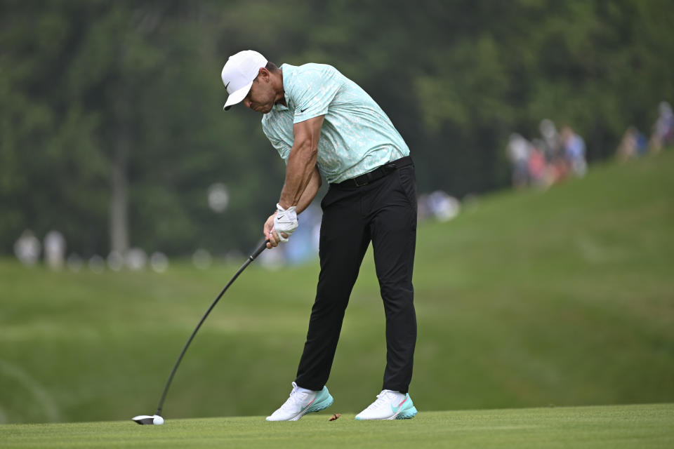 Brooks Koepka hits from the fourth fairway during the third round of the BMW Championship golf tournament, Saturday, Aug. 28, 2021, at Caves Valley Golf Club in Owings Mills, Md. (AP Photo/Terrance Williams)