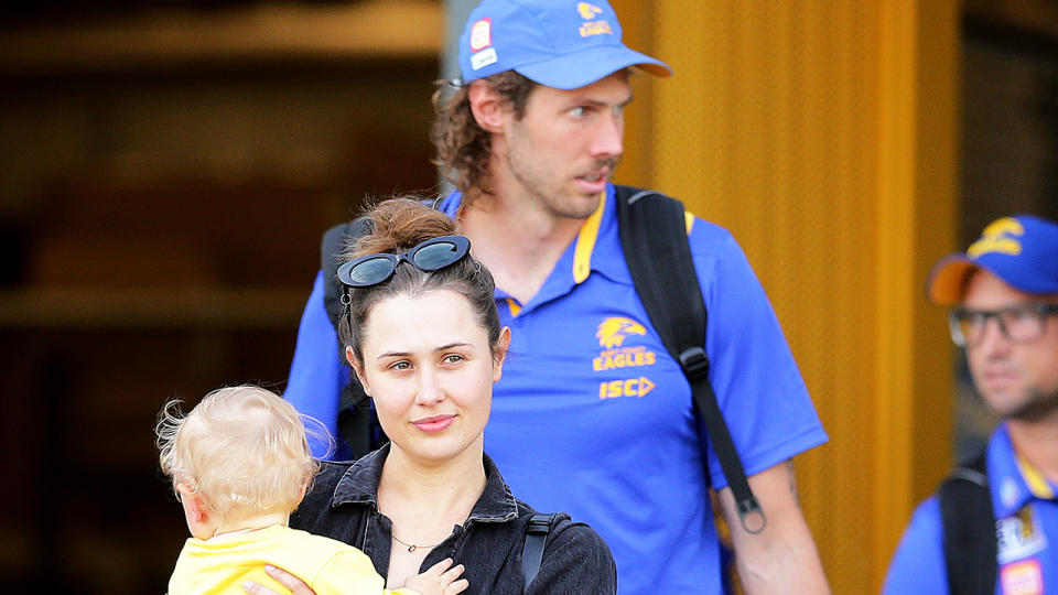 Tom Hickey and family are pictured get on a bus to fly to the Gold Coast hub back in June. 