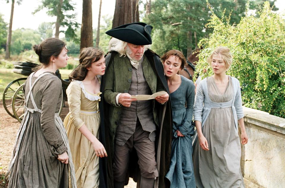 Talulah Riley, Carey Mulligan, Donald Sutherland, Keira Knightley and Rosamund Pike in a scene from the motion picture "Pride and Prejudice."