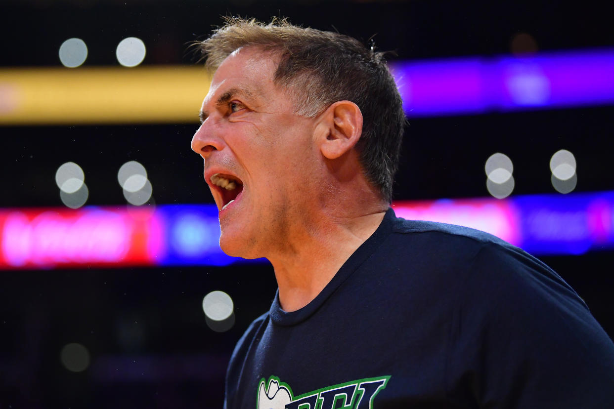 Jan 12, 2023; Los Angeles, California, USA; Dallas Mavericks owner Mark Cuban watches game action against the Los Angeles Lakers during overtime at Crypto.com Arena. Mandatory Credit: Gary A. Vasquez-USA TODAY Sports