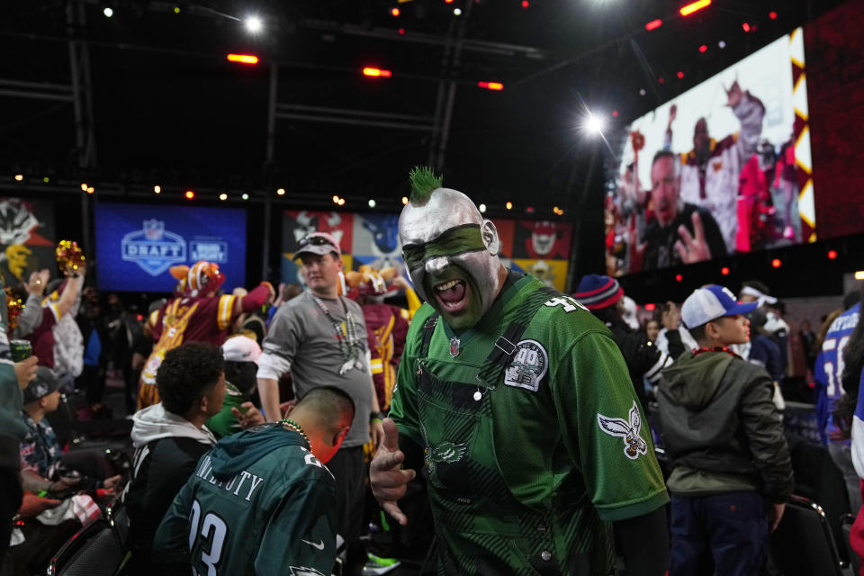 A Philadelphia Eagles fan cheers during the second round of the NFL football draft, Friday, April 26, 2024, in Detroit. (AP Photo/Jeff Roberson)