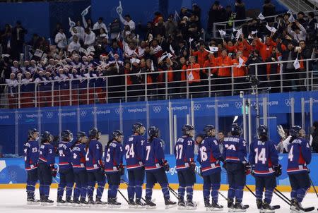 Ice Hockey – Pyeongchang 2018 Winter Olympics – Women Preliminary Round Match - Sweden v Korea - Kwandong Hockey Centre, Gangneung, South Korea – February 12, 2018 - Players of the Korean team acknowledge fans. REUTERS/Kim Kyung-Hoon