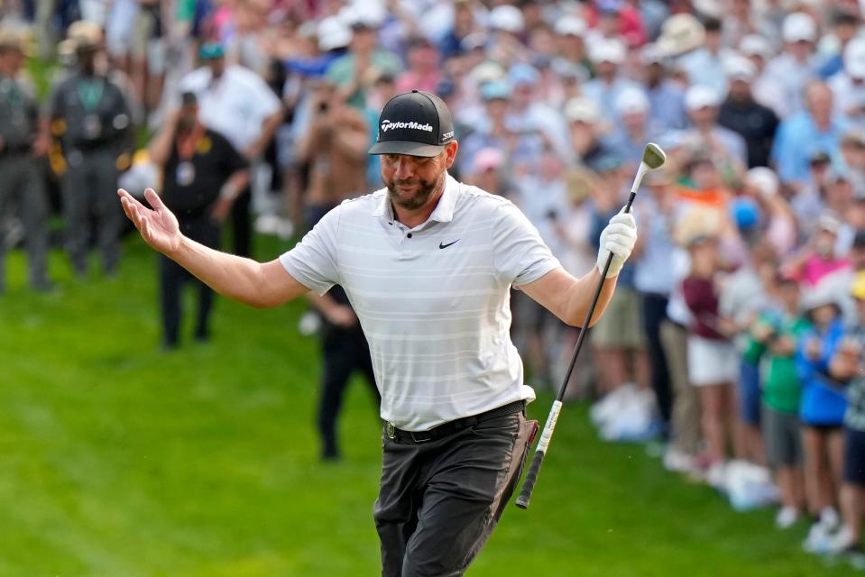 May 21, 2023; Rochester, New York, USA; Michael Block reacts as he walks up to the 18th green during the final round of the PGA Championship golf tournament at Oak Hill Country Club. Mandatory Credit: Adam Cairns-USA TODAY Sports