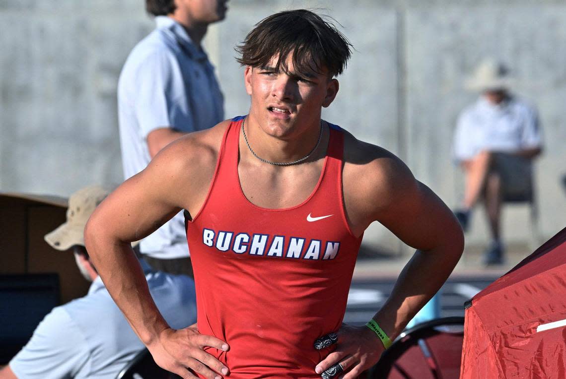 Buchanan’s Hilton Green after the pole vault at the CIF Central Section Masters track and field meet, held at Veterans Memorial Stadium on Saturday, May 20, 2023 in Clovis. ERIC PAUL ZAMORA/ezamora@fresnobee.com
