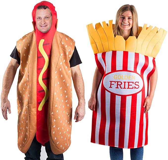 Man and woman dressed as 3D Hotdog and French Fries Couple Costume.