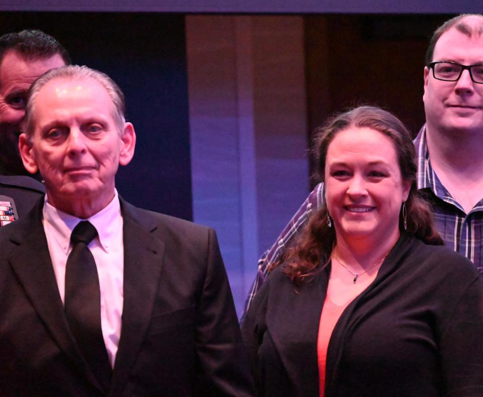 Charlie Eakins (left) and Lacie Klosinski (right) with the SBPD Crime Lab is awarded with the Unit Meritorious Performance Award at the annual South Bend Police Awards on March 20, 2024 at the Four Winds Casino, 3000 Prairie Ave, South Bend.