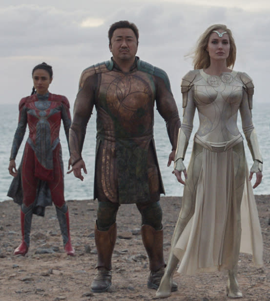 Lauren Ridloff as Makkari, Ma Dong-seok as Gilgamesh and Angelina Jolie as Thena in Eternals. (Still: Marvel Studios)