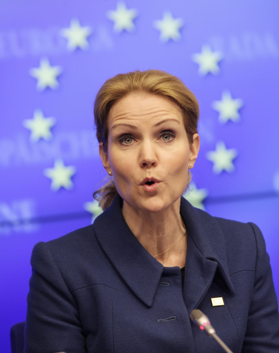 Denmark's Prime Minister Helle Thorning-Schmidt speaks during a media conference at an EU summit in Brussels on Thursday, March 1, 2012. European leaders meet for a two-day summit aimed at tackling unemployment and boosting economic growth in the region. (AP Photo/Virginia Mayo)