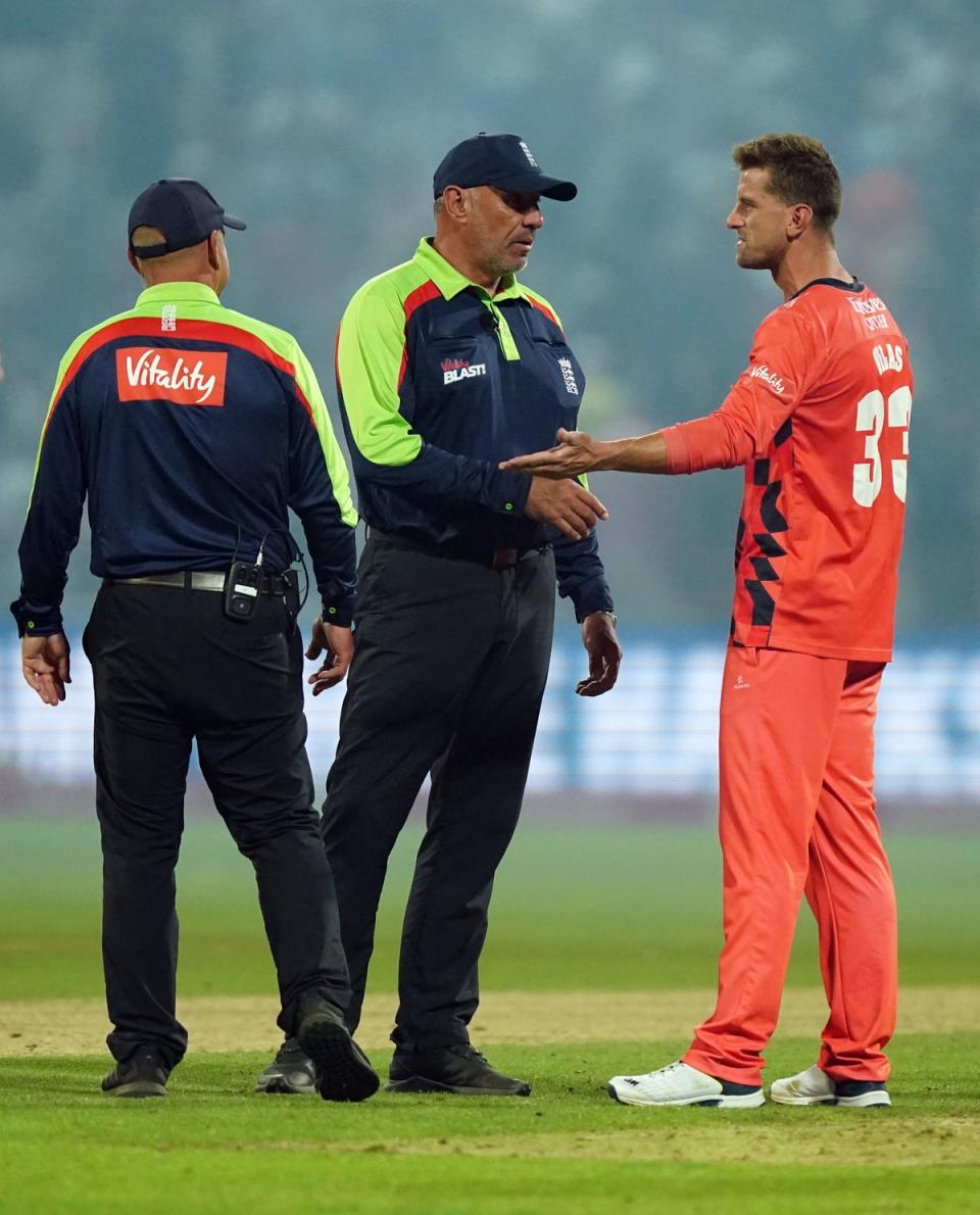 Lancashire’s Dane Vilas talks to the umpires after the Vitality Blast final (Mike Egerton/PA) (PA Wire)