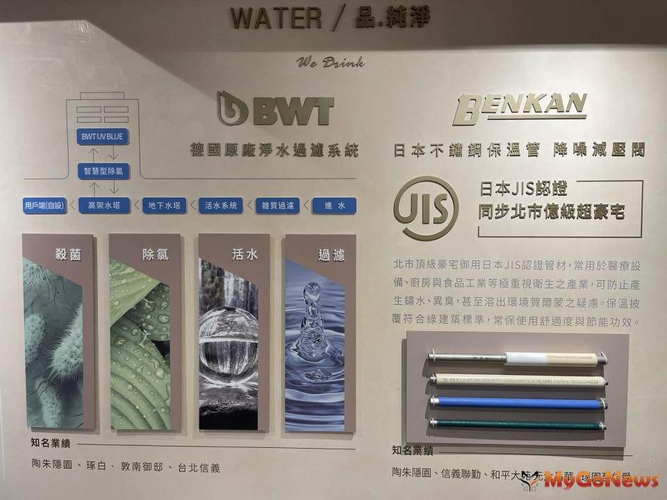 ▲建築管線特別用心，採用日本JIS(日本工業國家標準)認證的BENKAN不鏽鋼保溫管與降噪減壓閥，採用德國BWT原廠全戶式淨水過濾系統。

