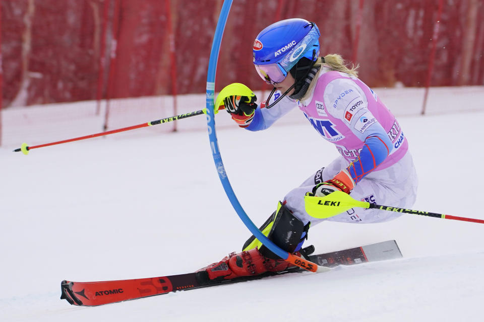 United State's Mikaela Shiffrin competes during a women's World Cup slalom ski race Sunday, Nov. 28, 2021, Killington, Vt. (AP Photo/Robert F. Bukaty)