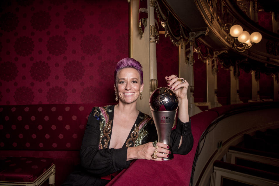 MILAN, ITALY - SEPTEMBER 23:  Megan Rapinoe of Reign FC and United States poses for a photo with her The FIFA Best Women's Player Award following The Best FIFA Football Awards 2019 at Teatro Alla Scala on September 23, 2019 in Milan, Italy. (Photo by Gareth Cattermole - FIFA/FIFA via Getty Images)