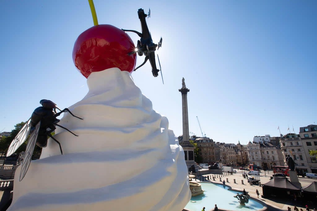 Artist Heather Phillipson unveils her artwork entitled The End on Trafalgar Square’s Fourth Plinth (David Parry/PA) (PA Archive)