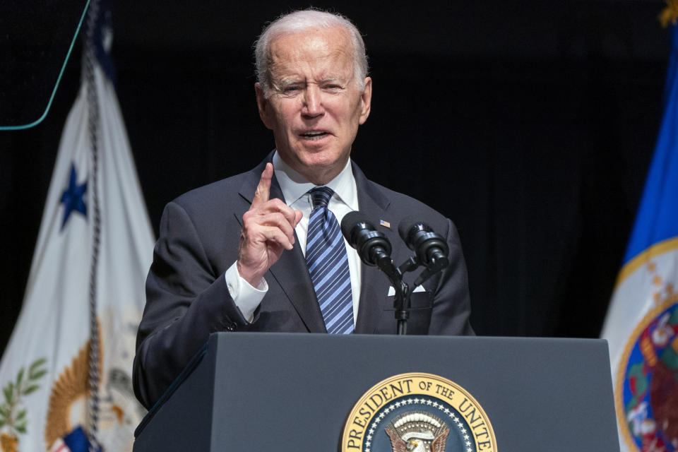 President Joe Biden speaks at the memorial service for former Vice President Walter Mondale, Sunday, May 1, 2022, at the University of Minnesota in Minneapolis. (AP Photo/Jacquelyn Martin)