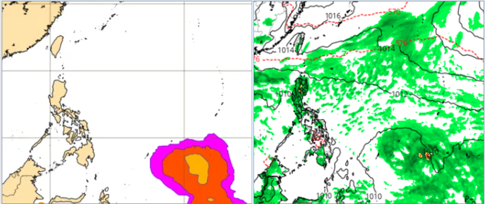 最新(10日20時)歐洲(ECMWF)系集模式，模擬16日20時「熱帶擾動」發展機率圖(左圖)顯示，菲律賓東方海面有「熱帶擾動」醞釀中。美國模式(GFS)亦有類似的模擬(右圖)。翻攝自ECMWF， weathernerds網站