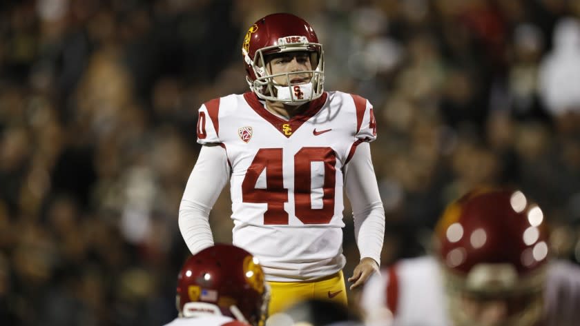 Southern California place kicker Chase McGrath (40) in the second half of an NCAA college football game Friday, Oct. 25, 2019, in Boulder, Colo. Southern California won 35-31. (AP Photo/David Zalubowski)