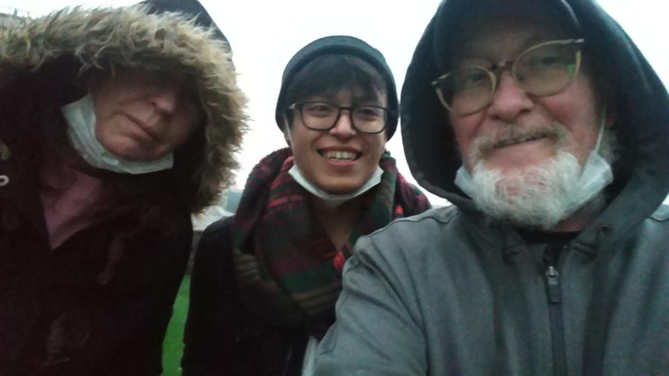 Rooftop shot with Liz Jones, Jacob Dominguez and John McGory, right, Feb 3, 2020.