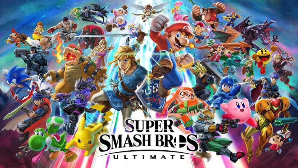 A collage of many characters busting forth in battle for Super Smash Bros. Ultimate. Super Smash Bros would make for a good movie spinoff.