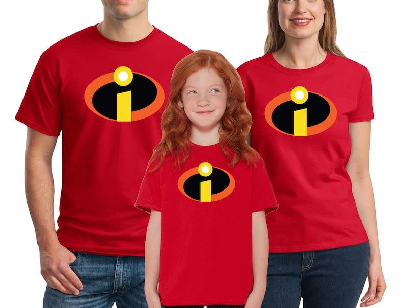 <p><strong>SpruceMount</strong></p><p>etsy.com</p><p><strong>$19.95</strong></p><p>Go as the lovable superhero family from <em>The Incredibles</em>, and fight off any threats to your kin on Halloween night. You can go with these low-key matching t-shirts, or get the <a href="https://www.amazon.com/Party-City-Incredibles-Incredible-Accessories/dp/B07H471BHT?tag=syn-yahoo-20&ascsubtag=%5Bartid%7C10055.g.28106766%5Bsrc%7Cyahoo-us" rel="nofollow noopener" target="_blank" data-ylk="slk:Mr. Incredible;elm:context_link;itc:0;sec:content-canvas" class="link ">Mr. Incredible</a>, <a href="https://www.amazon.com/Disguise-Womens-Incredible-Skirted-Costume/dp/B079M2JY9M?tag=syn-yahoo-20&ascsubtag=%5Bartid%7C10055.g.28106766%5Bsrc%7Cyahoo-us" rel="nofollow noopener" target="_blank" data-ylk="slk:Elastigirl;elm:context_link;itc:0;sec:content-canvas" class="link ">Elastigirl</a>, <a href="https://www.amazon.com/Disguise-Classic-Muscle-Child-Costume/dp/B079S238GV/?tag=syn-yahoo-20&ascsubtag=%5Bartid%7C10055.g.28106766%5Bsrc%7Cyahoo-us" rel="nofollow noopener" target="_blank" data-ylk="slk:Dashiell;elm:context_link;itc:0;sec:content-canvas" class="link ">Dashiell</a> and <a href="https://www.amazon.com/Disney-Incredibles-Violet-Classic-Costume/dp/B0091K61YY?tag=syn-yahoo-20&ascsubtag=%5Bartid%7C10055.g.28106766%5Bsrc%7Cyahoo-us" rel="nofollow noopener" target="_blank" data-ylk="slk:Violet;elm:context_link;itc:0;sec:content-canvas" class="link ">Violet</a> costumes separately.</p>