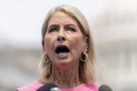 FILE - Rep. Mary Miller, R-Ill., speaks at a news conference on Capitol Hill in Washington on July 29, 2021. Democrats seized control of the U.S. House of Representatives in 2018 thanks to a record showing by Democratic female candidates. Two years later, a record number of GOP women won seats. But for some female incumbents running for reelection this year, holding their seats comes with a new challenge: newly redrawn congressional districts that will be tougher to win. Democratic mapmakers drew new boundaries that put Democratic Rep. Marie Newman and Miller into districts already represented by male incumbents. Both women chose instead to run in neighboring districts, against other men. (AP Photo/Andrew Harnik File)