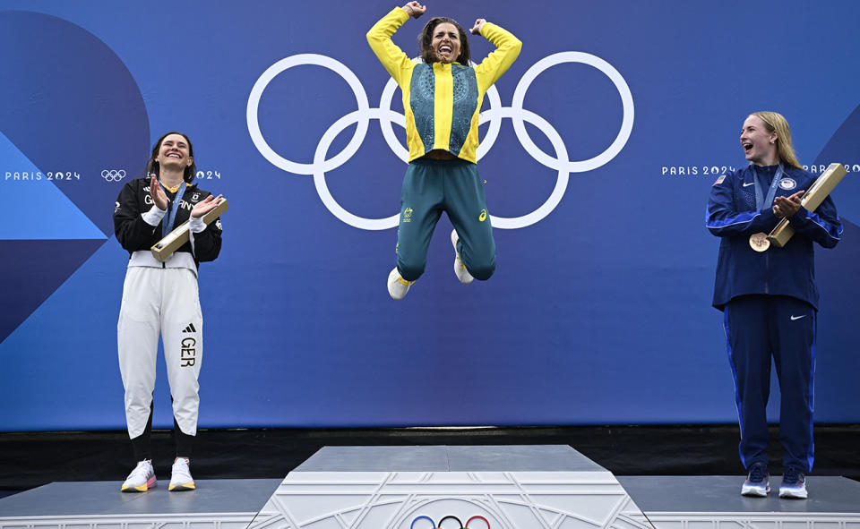 Jessica Fox, pictured here on the podium after winning canoe gold at the Paris Olympics.