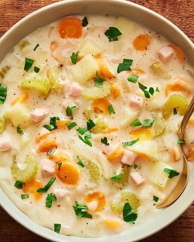 <p>If you’re a fan of <a href="https://www.delish.com/cooking/recipe-ideas/a34427540/cream-of-potato-soup-recipe/" rel="nofollow noopener" target="_blank" data-ylk="slk:potato soup;elm:context_link;itc:0;sec:content-canvas" class="link ">potato soup</a>, you’re going to love this upgrade— loaded with chunks of tender potatoes, salty-sweet ham, and tender vegetables, this creamy soup is the <a href="https://www.delish.com/cooking/g2150/comfort-food/" rel="nofollow noopener" target="_blank" data-ylk="slk:comfort food;elm:context_link;itc:0;sec:content-canvas" class="link ">comfort food</a> you know and love, with a little something extra.</p><p>Get the <strong><a href="https://www.delish.com/cooking/recipe-ideas/a39175105/creamy-ham-and-potato-soup-recipe/" rel="nofollow noopener" target="_blank" data-ylk="slk:Creamy Ham and Potato Soup recipe;elm:context_link;itc:0;sec:content-canvas" class="link ">Creamy Ham and Potato Soup recipe</a></strong>.</p>