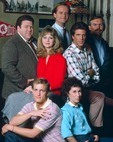 <p>NBCU Photo Bank/NBCUniversal via Getty Images via Getty</p> George Wendt, Shelley Long, Woody Harrelson, Kelsey Grammer, Ted Danson, Rhea Perlman and John Ratzenberger in 'Cheers'