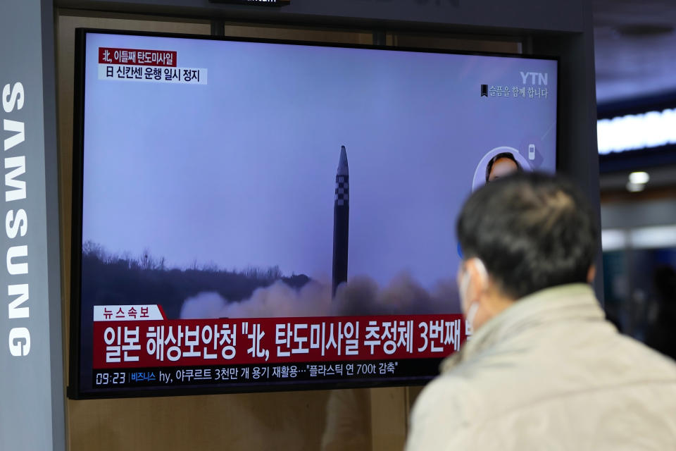 A TV screen showing a news program reporting about North Korea's missile launch with file footage is seen at the Seoul Railway Station in Seoul, South Korea, Thursday, Nov. 3, 2022. North Korea continued its barrage of weapons tests on Thursday, firing at least three missiles including a suspected intercontinental ballistic missile that forced the Japanese government to issue evacuation alerts and temporarily halt trains. (AP Photo/Lee Jin-man)