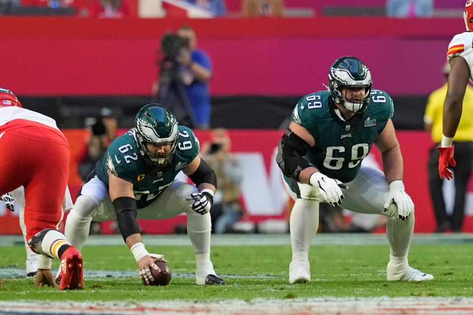 Philadelphia Eagles center Jason Kelce (62) and guard Landon Dickerson (69) are seen pre-snap against the Kansas City Chiefs during the NFL Super Bowl 57 football game, Sunday, Feb. 12, 2023, in Glendale, Ariz.