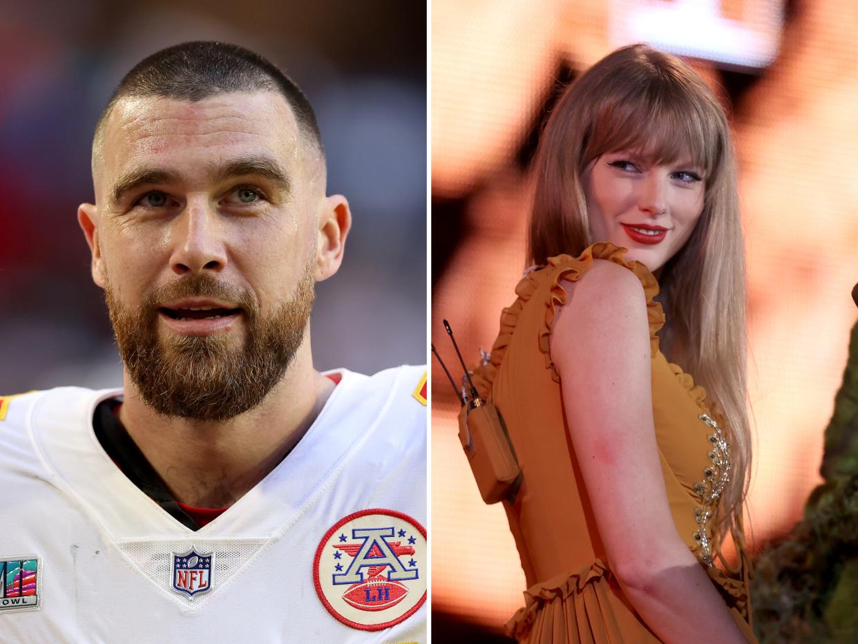 A collage of two photos side by side. The image on the left is Travis Kelce, #87 of the Kansas City Chiefs, while the image on the right is of Taylor Swift.