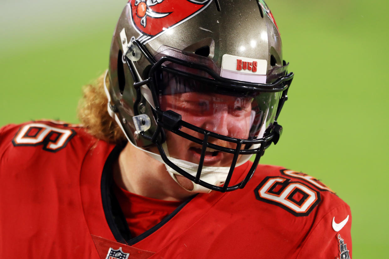 Buccaneers center Ryan Jensen got the first taunting penalty under the new enforcement edict by the NFL. (Photo by Mike Ehrmann/Getty Images)