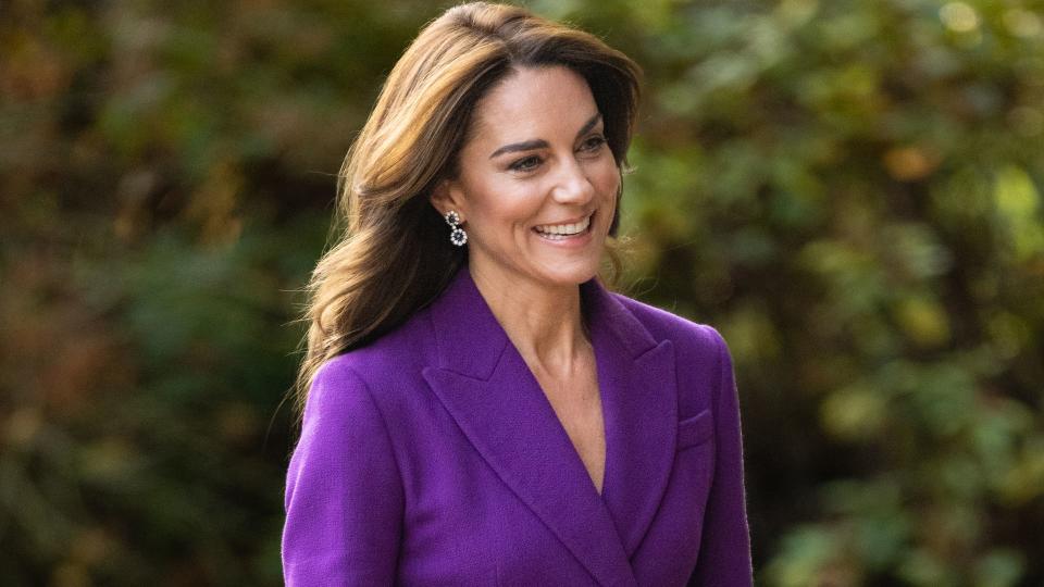 Kate Middleton wearing purple trouser for Shaping Us at Design Museum