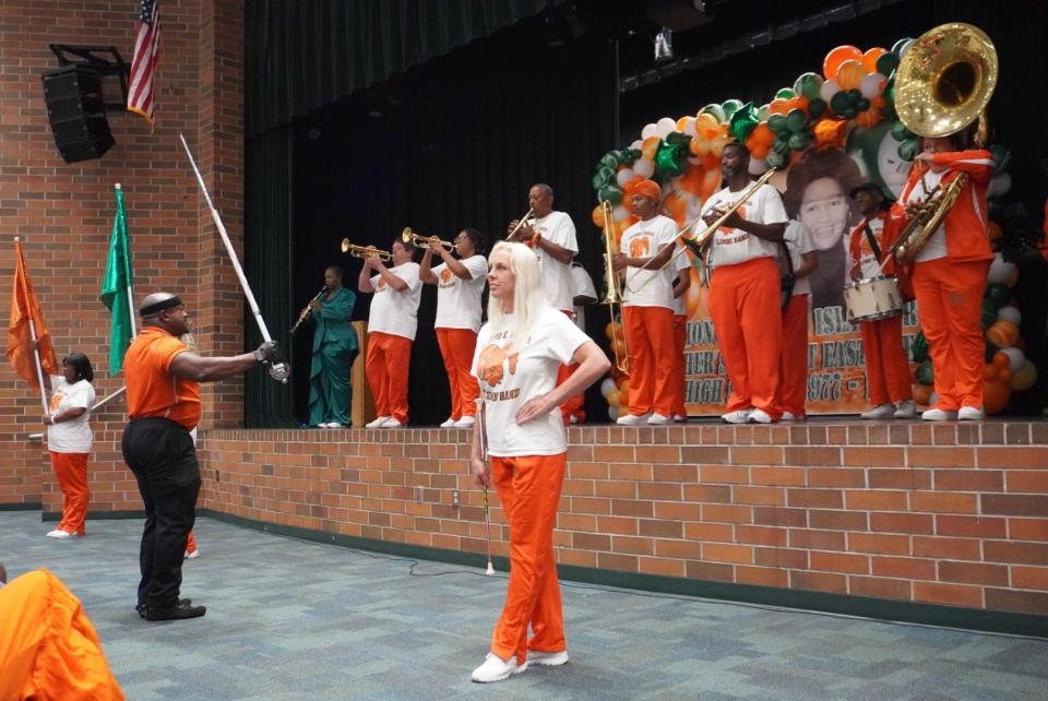 The Gainesville Eastside High School Richard E. Parker Alumni Band perform during a street-naming ceremony in honor of Mae Islar, the first woman principal of the school.