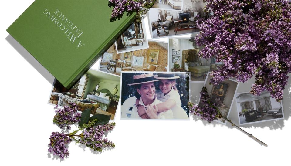 a collage of photos of room interiors and one of a closeup of a mother and daughter wearing skimmer hats, a book with a green cover, and bouquets and sprigs of lilacs