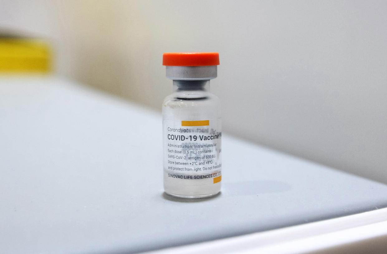 A vial of CoronaVac COVID-19 vaccine developed by the Chinese company Sinovac Biotech. 