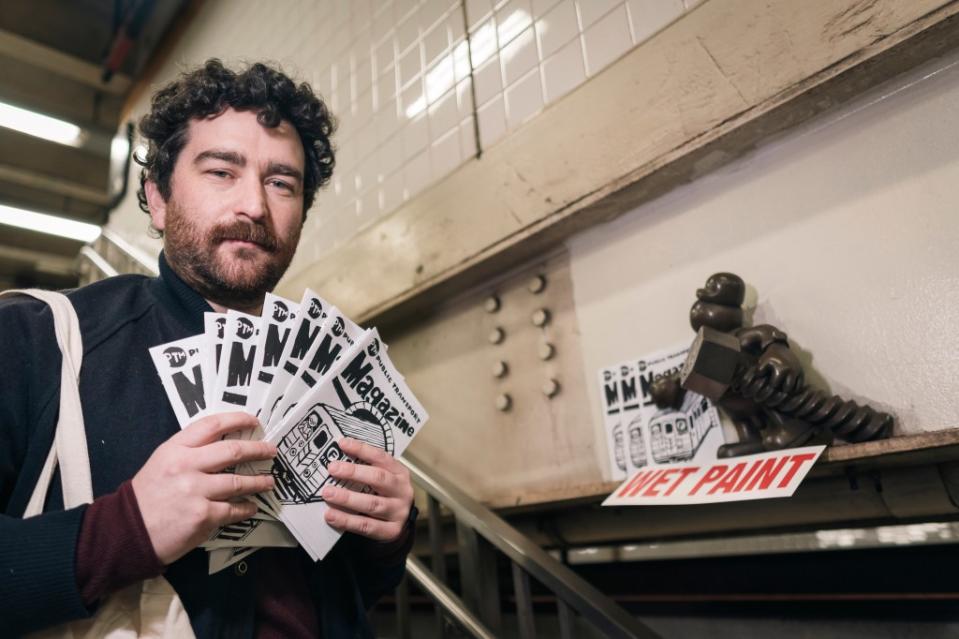 Creator Al Mullen distributes copies of his Public Transport magazine across the New York City subway system. Stefano Giovannini